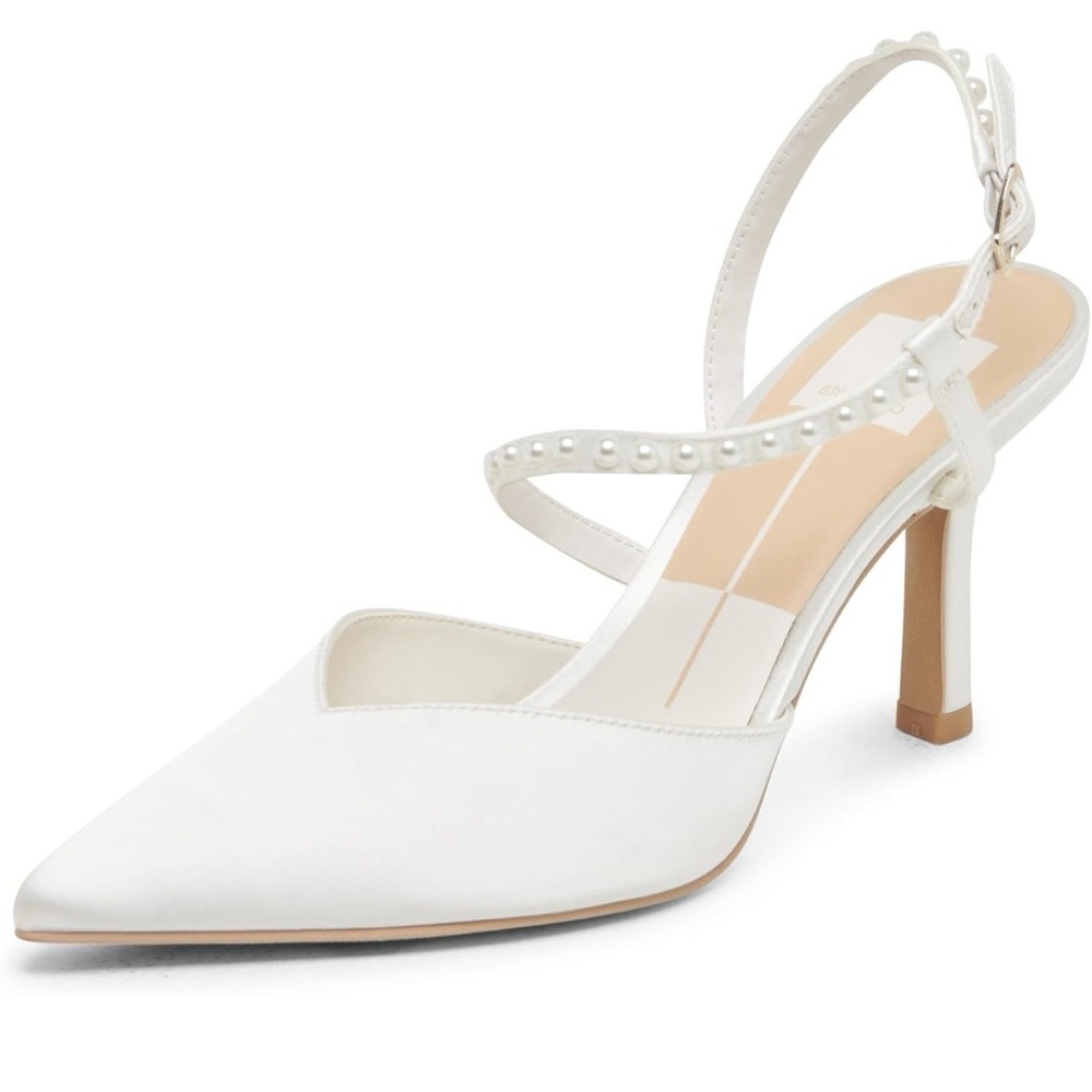 Dolce Vita White Pointed Pearl-Strap Slingback Heels